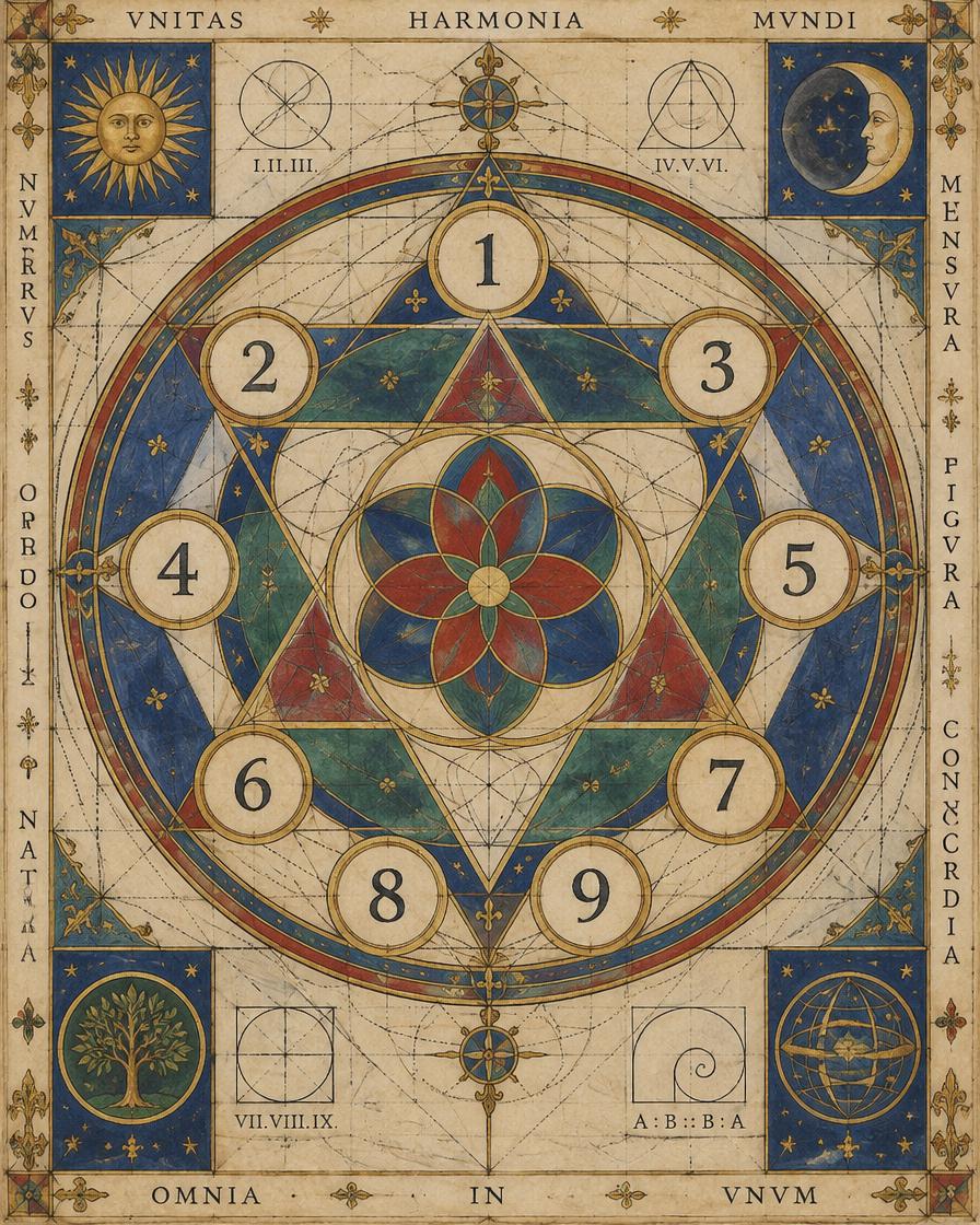 Antique numerology plate with nine numbered medallions and sacred geometry