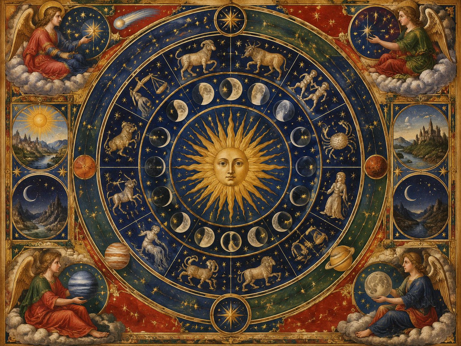 An illuminated celestial chart: a golden sun encircled by moon phases and constellations